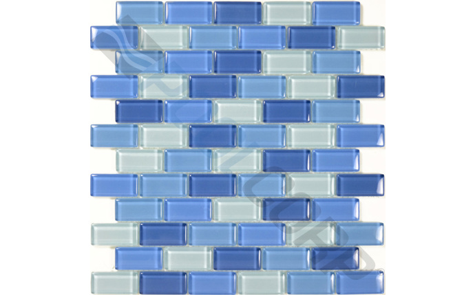Artistry in Mosaics LLC; GC82348B3 Crystal Collection Brick; Turquoise Cobalt Blue Blend Design; 1 Inch x 2 Inch; 8mm Thick; 12 Inch x 12 Inch Sheet; Glass